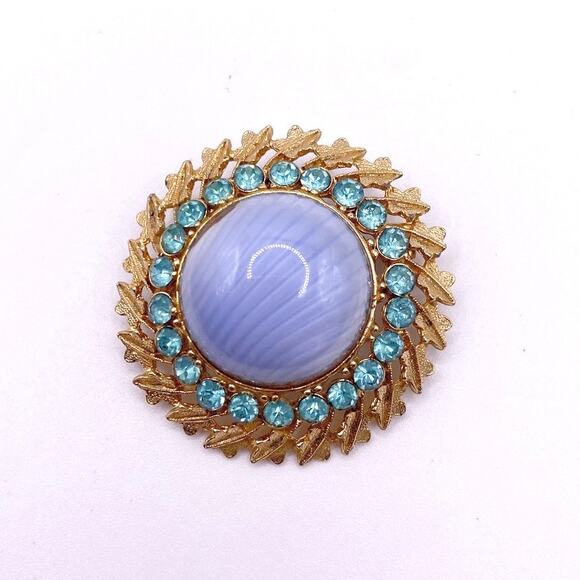 Vintage Vintage Blue Marbled Domed Art Glass & Blue Rhinestones Pin Brooch 2” - Picture 6 of 6